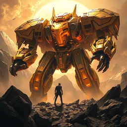 gold mecha conquering planet against human, dynamic lighting, cinematic, establishing shot, extremely high detail, foto realistic, cinematic lighting, intricate line drawings, post processed, concept art, artstation, matte painting, style by raphael lacoste, eddie mendoza