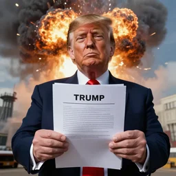 trump holding papers in his hands with a nuclear blast behind him destroying the world realistic photo detailed