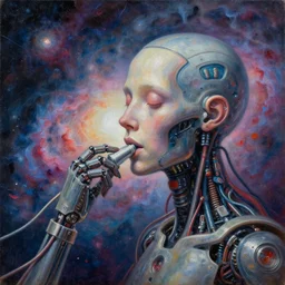 a surrealistic portrait of a cyborg being fed by numerous wires and cables to the galaxy, the birth of the singularity, impasto, airbrushed, smoky swirls, vibrant colors, hyperrealism, paint splashes, shadows, rule of thirds, detailed oil on wood painting by jan van eyck and greg rutkowski