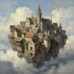 medieval town floating in the sky over the clouds, concept art, oil painting, heartstone, art by greg rutkowski