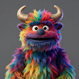 a multicolored furry monster with fuzzy horns, a character portrait by jim henson, digital illustration, photorealistic, behance contest winner, behance hd, vibrant, dark rainbow colored fur, colorful, centered, matte background