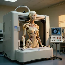 a mri 3 d printer machine and control panels in the laboratory inspection room making a cybernetic symbiosis, biomechanical woman, organic ceramic fractal forms, golden hour lighting, film still from the movie directed by denis villeneuve with art direction by wayne barlowe and salvador dali, wide lens, f 3 2,