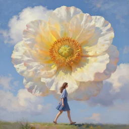 giant flower head, woman walking, surreal, clouds in sky, impressionist painting, digital painting, artstation, rob gonsalves