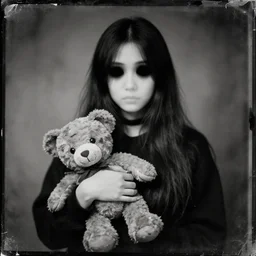 eery evil ghost girl with long hair, blurred face, big black eyes, black clothes, horrorific, holding a dirty and torn teddy bear, old tintype photo with cratches,