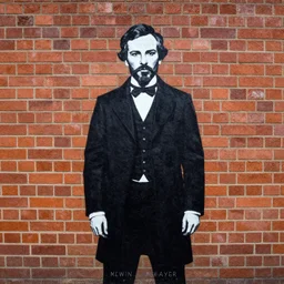 painting on a red brick wall of Grigori Rasputin, by Banksy