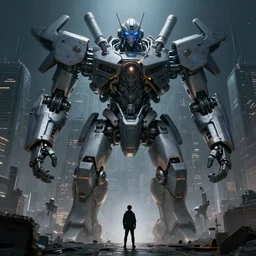 A small person standing in the foreground of a massive michanical city by Greg Rutkowski, beeple, Sung Choi, Mitchell Mohrhauser, Maciej Kuciara, Johnson Ting, Maxim Verehin, Peter Konig, final fantasy, macro lens, 35mm, 8k photorealistic, cinematic lighting, HD, high details, dramatic, dark atmosphere, trending on artstation