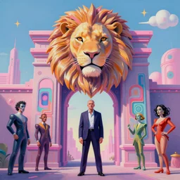 “A surreal neon painting of the Lion's gate, futuristic picasso by hr giger and Vladimir kush and dali and kandinsky, 3d, realistic shading, complimentary colors, neon pastel colors, aesthetically pleasing composition, masterpiece, 4k, 8k, ultra realistic, super realistic”