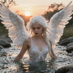 portrait of a dramatic nymph girl bathing in a river, absurdly beautiful, white angel wings, elegant, d & d, sexy! sunset behind her head, sunset in the creek, fantasy, windy white hair, sharp focus, warm bright colors, emotive, intricate, highly detailed, digital painting, final fantasy, radiant light, intricate environment, artstation, concept art, smooth, sharp focus, fog, illustration, art by kim jung gi and irakli nadar and artgerm and greg rutkowski and alphonse mucha