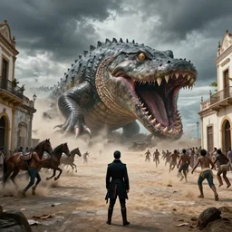 just Napoleon Bonaparte standing on floor alone,  is on the street of Jamestown in Santa Elena. no horses, watching a **gigantic monster** that looks like a mixture of monk-fish with crocodile limbs, wet and slimy with a very large mouth,dragging its enormous weight with effort on a beach, there are people fleeing in terror, photo-realistic, stormy sky, photo by national geographical