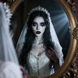 realistic detailed portrait of a gothic bride in the mirror, god ray behind, by guy denning, scary style