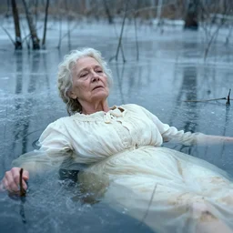 movie still by tarkovsky of a frozen elder woman in a dirty white dress drowned in a swamp with snow and birch, cinestill 8 0 0 t 3 5 mm eastmancolor, heavy grain, high quality, muddy, foggy