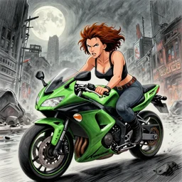 angry, scarlett johansson!! riding a ( kawasaki ninja )!! motorbike through a post apocalyptic city street landscape, wide angle lens, dramatic lighting, afro samurai anime style, apocalyptic cityscape in the background, ( correct human anatomy )!!!!!, by david finch, pencil and ink, full moon, full colour