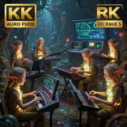 anthropomorphic ensemble of glowing elves playing surrealist detailed electronic - instruments!! with blinking leds and oscilloscopes on screens in alien worlds, candid photography, highly detailed, uhd, unreal engine 5, character concepts, 8 k, photorealistic, award winning render, octane render