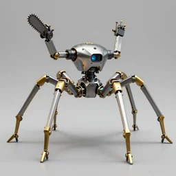 2ft tall spider legged robot with buzz saw arms, silver and gold, concept art