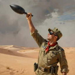a painting of an israeli solidier with sunglasses, a field cap, and a red ascot around his neck throwing a frag in the desert high details