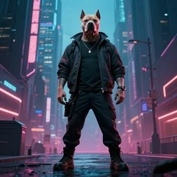 pitbull standing in a city, cyberpunk style, by cedric peyravernay, highly detailed, excellent composition, cinematic concept art, dramatic lighting, trending on artstation