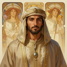 A full portrait of an ancient Bedouin scout, intricate, elegant, highly detailed, digital painting, artstation, concept art, smooth, sharp focus, illustration, art by Krenz Cushart and Artem Demura and alphonse mucha