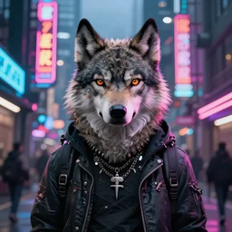 beautiful furry art portrait commission of a androgynous furry anthro wolf fursona both wearing punk clothes in the streets of a cyberpunk city. neon signs.
