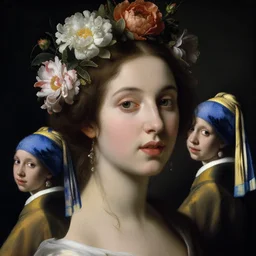 a closeup portrait of one beautiful young goddess with flowers behind her head, painted by diego velazquez and rachel ruysch and vermeer, hyperreal, dark, dramatic lighting, analogous complementary colour scheme