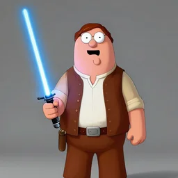 Studio Photograph of a real life Peter Griffin  from Family Guy dressed as Han Solo and Holding a glowing light saber in the Style of Annie Leibovitz,
