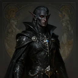 a portrait of a dark elf, dark fantasy, medium shot, intricate, elegant, highly detailed, digital painting, volumetric light, artstation, concept art, smooth, sharp focus, illustration, art by Gil Elvgren and Greg Rutkowski and Alphonse Mucha