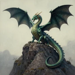 Dragon perched on a mountain, matte painting by Anne Stokes
