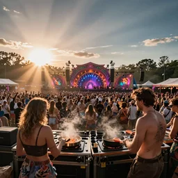 scandy and arender, cooking it up, hot hot hot, splash, ahhhhhhh, roomies, bohemian digitals, playing a live gig at ozora festival, no faces visible, huge crowd, ecstatic, photography