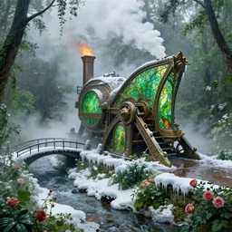 large mechanical device with secret function, ornate, beautiful, atmosphere, vibe, mist, smoke, fire, chimney, rain, wet, pristine, puddles, melting, dripping, snow, creek, lush, ice, bridge, green, stained glass, forest, roses, flowers, by stanley artgerm lau, greg rutkowski, thomas kindkade, alphonse mucha