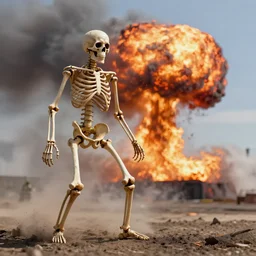 realistic, skeleton on fire, a nuclear explosion is in the background, smoke filled red sky, by greg rutkowski, dramatic lighting