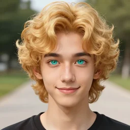 young man with medium - length, curly, golden hair, perfectly proportioned face, aquamarine eyes, sweet smile, natural lighting, path traced, highly detailed, high quality, cartoon, digital painting, by new haicheng