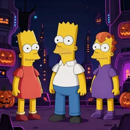 the simpsons halloween special by beksinski and tristan eaton, dark neon trimmed beautiful dystopian digital art