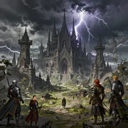 panorama of beautiful gothic landscape, warhammer, japanic style, cyberpunk, thunderstorm, the middle ages, highly detailed, artstation, illustration, art by jean delville, 8 k quality, artwork by tooth wu and wlop and beeple and greg rutkowski
