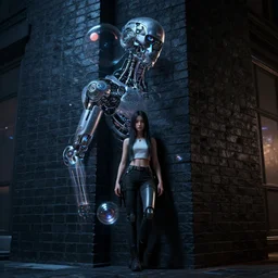 a frontal cyberpunk night photo of one young woman leaning against a dark black brick corner wall, from overwatch and oblivion movie, art by jungyeonmin and james jean jhonseru jsezz artstation and greg rutkowski, biomechanical, lens orbs, global illumination architectural, volumetric lighting, granular detail, hyperrealist, micro details, blender, vray