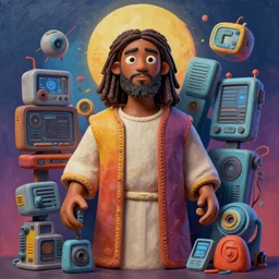 stylish 3 d vfx - drew struzan movie poster - art of an african jesus surrounded by technology, art style by james jean & hsiao - ron cheng, unreal engine render, digital illustration, sharp, intricate detail, volumetric lighting, ray tracing, soft light, colourful, claymation style, ernie barnes style, symmetry, acrylic on canvas, pinterest, artstation, behance