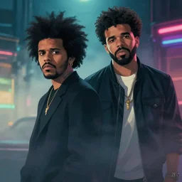 the weeknd with drake by studio ghibli, digital art, sharp focus, 4 k, ambient lighting, foggy, neon