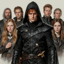 male rogue, gray - green eyes, black assassins clothes, fair auburn hair, mouth closed, blade on his waist | | realistic shaded, fine details, realistic shaded lighting painting by greg rutkowski, diego gisbert llorens, magali villeneuve, artgerm, jeremy lipkin, michael garmash, rob rey