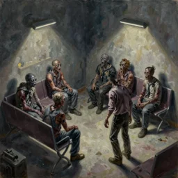 zombies waiting in a waiting room, eerie, liminal, isometric, by craig mullins, by mattias adolfsson, by peter mohrbacher, oil on canvas,