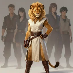 beautiful portrait of a female anthropomorphic lioness fursona wearing a sleeveless jedi robe. hand on hip. leather gloves. leather boots. leather belt. character design by charlie bowater, ross tran, artgerm, and makoto shinkai, detailed, soft lighting, rendered in octane