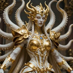 a photo of 8k ultra realistic close up of a corrupted lovecraftian golden humanoid queen, 8 intricate white and gold tentacles, ornate white and gold armour, cinematic lighting, trending on artstation, 4k, hyperrealistic, focused, high details, unreal engine 5, cinematic, masterpiece