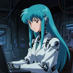 late 8 0's dark dystopian anime movie still : : punk art : : long cyan haired robot science girl researcher : : somber far future cables lab background interior : : watching longingly