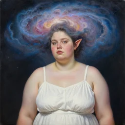 a chubby white woman with pointed ears, wearing a white sundress, and a swirling sparkling cloud nebula for hair, realistic painting by ross tran and gerald brom and alphonse mucha, ilya kuvshinov, svetlana tigai, artgerm, trending on artstation