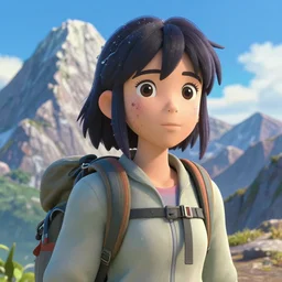 a 3 d film animation still portrait of a 1 9 5 0's adventurer hiker girl atop a big mountain, closeup at the faces, finely detailed features, water, sun, gapmoe yandere grimdark, trending on pixiv fanbox, painted by greg rutkowski makoto shinkai takashi takeuchi studio ghibli, pixar 3 d, renderman. octane