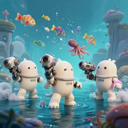 under ocean ground, scifi scene, universe landscape, three cute monsters, hold mechanical weapons, wearing brand of off white style, catching colorful fishes + sepia + octopus, with depth of field, octane render, neon hand sports bracelet, standing on the water ground, with splatoon + ratchet & clank : rift apart style, smoke war, comic paint, anorld render, unreal engine render, vfx, octane render, highly quality, artstation, 4 k,