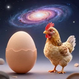chicken looking at an egg contemplating the mysteries of the universe 4K photo