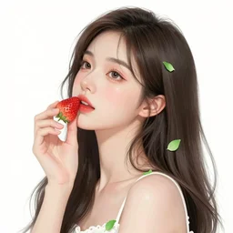the portrait of an absurdly beautiful, graceful, elegant, chaste, young woman made of strawberries and green petals looking up, an ultrafine detailed illustration by kim jung gi, irakli nadar, intricate linework, bright colors, octopath traveler, final fantasy, angular, unreal engine 5 highly rendered, global illumination, radiant light, detailed and intricate environment
