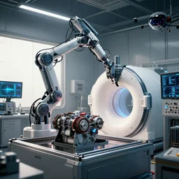( cyberpunk 2 0 7 7, bladerunner 2 0 4 9 ), a complex thick bifurcated robotic cnc surgical arm cybernetic symbiosis hybrid mri 3 d printer machine making v 8 engine motors in a bio chemical lab, control panels, 4 k, large monitor screens, knobs, natural light in room, drone camera lens orbs, octane render, architectural, f 2 8,
