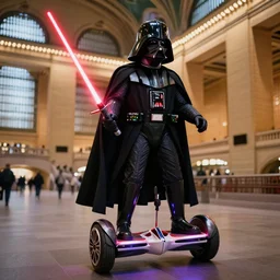 a photorealistic photograph of darth vader with a red lightsaber riding a hoverboard in grand central station. illuminated scene. fine detail. this 4 k hd image is trending on artstation, featured on behance, well - rendered, extra crisp, features intricate detail, epic composition and the style of unreal engine.