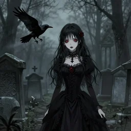 a gothic anime girl and her pet raven raven haunting the pere lachaise cemetery, gloomy, trending on artstation