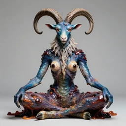 a portrait photograph of a meditating fierce colorful harpy antilope super villian with slimy amphibian scaled blue skin. her body is partially transformed into a beast. by donato giancola, hans holbein, walton ford, gaston bussiere, peter mohrbacher and brian froud. 8 k, cgsociety, fashion editorial