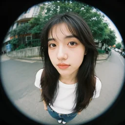 fisheye portrait of beautiful woman photo